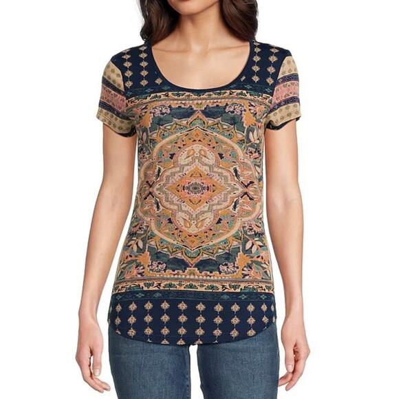 Lucky Brand Persian Carpet Scoop Neck T-Shirt Sz 1X - Picture 1 of 5